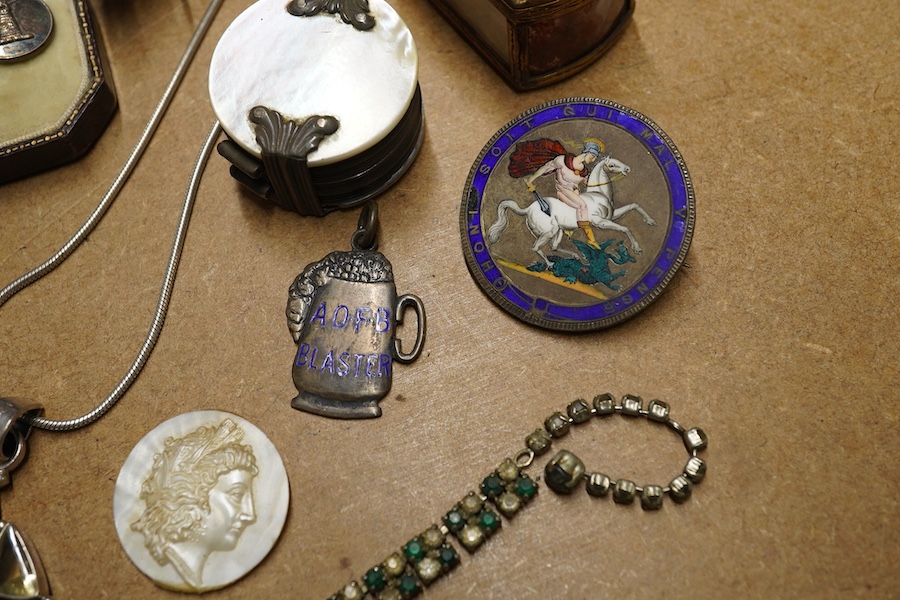 A group of mixed jewellery and objects of vertu, including a 925 and rutilated quartz set pendant, cufflinks, mother of pearl mounted eye glass, a gilt metal and agate pill box a 925 and enamel dragonfly brooch, a silver